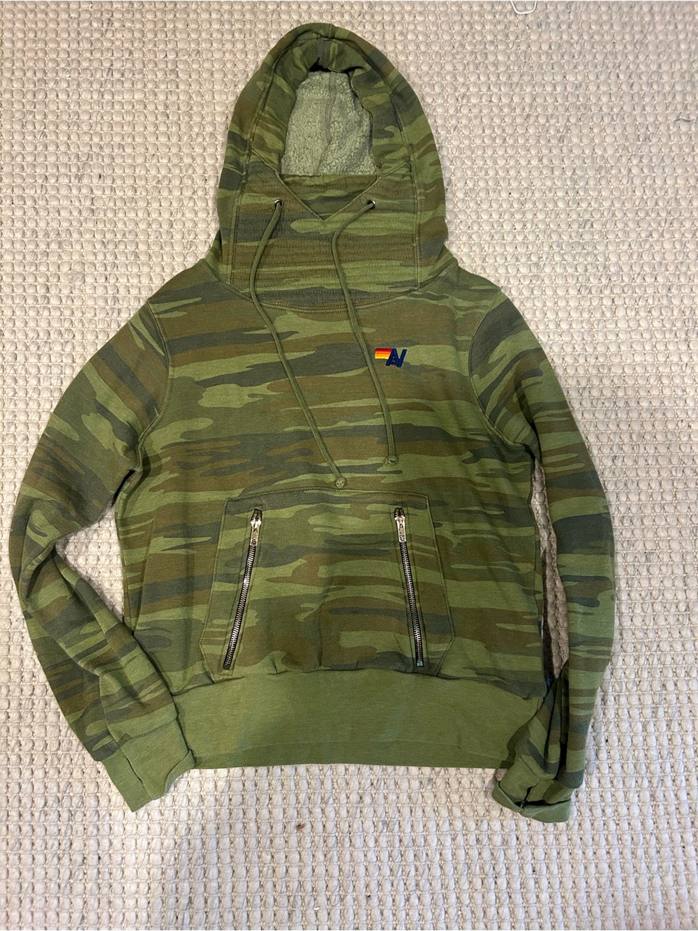 Aviator Nation Camouflage Green Hoodie with Rainbow 'A' Logo